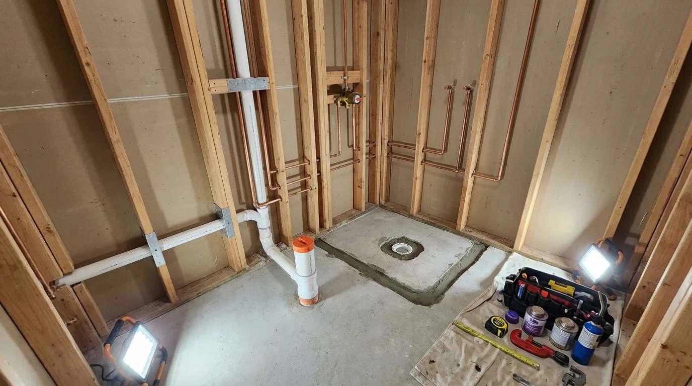 Bathroom rough-in plumbing during remodel by Johns Plumbing LLC in Sutton