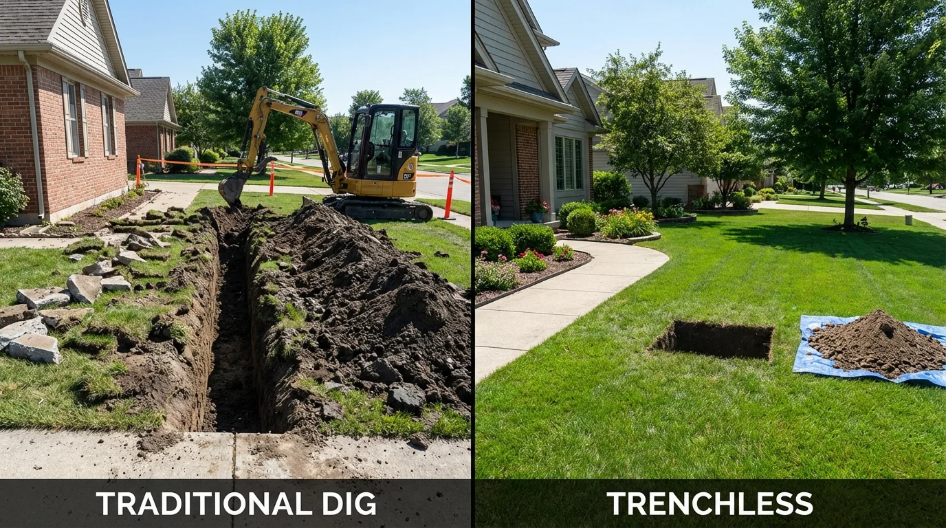 Trenchless sewer repair with minimal yard damage versus traditional excavation in Sutton, WV