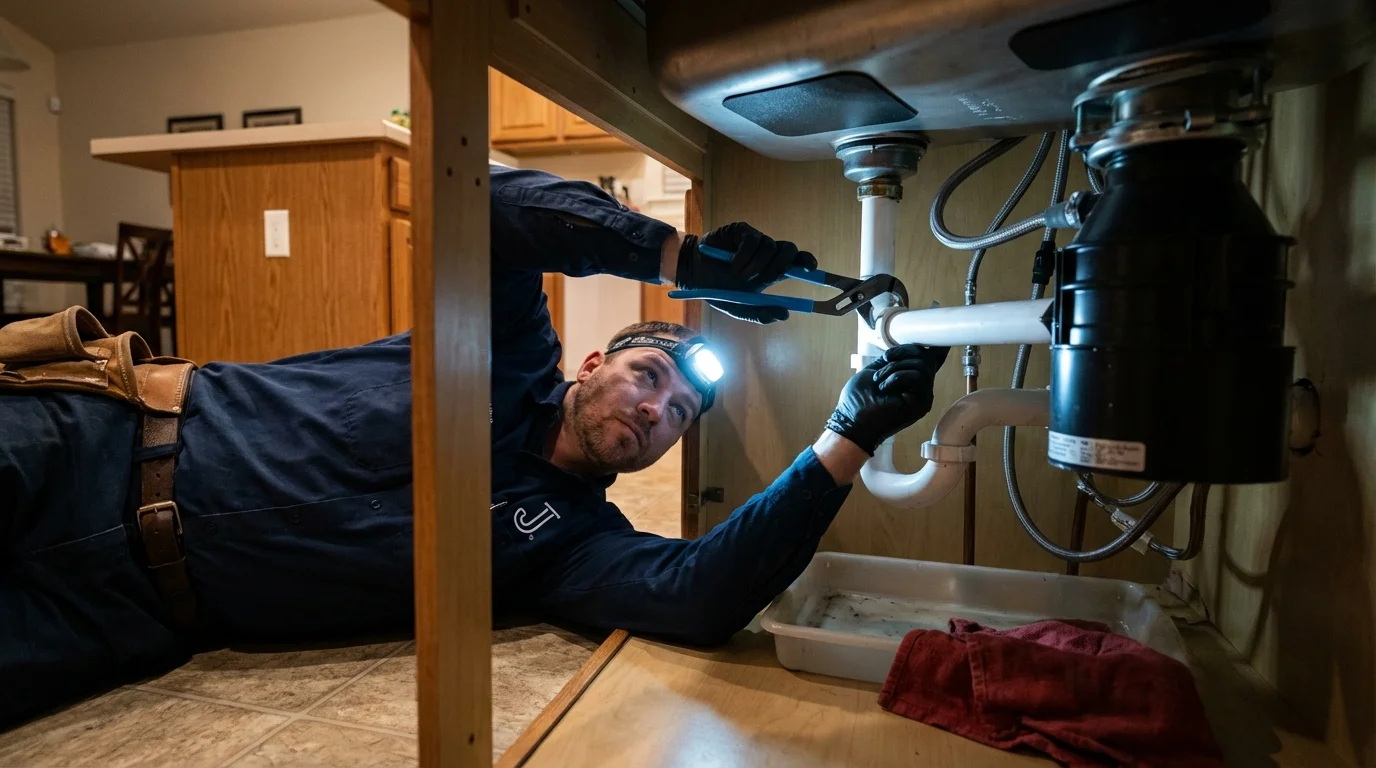 P-trap and supply line connections under a kitchen sink showing a common leak point in Sutton, WV